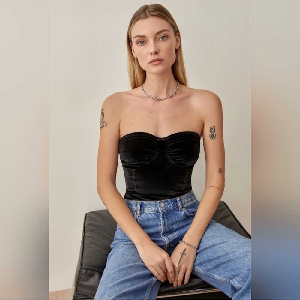 Reformation Fabian Black Strapless Velvet bodysuit large